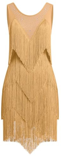 EFOGEP Damen 1920er Fransenkleid Salsa Tanzkleid mit Strass | Mit funkelnden Strass-Details und mehrlagigen Fransen für Charleston, Salsa, Tanzshows und Partys