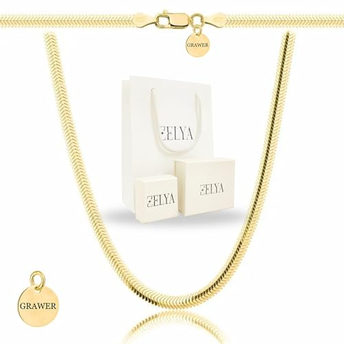 ZELYA GOLD kette 925/585 damen– Schlangenkette 3,5-4,3 mm breit, 45–60 cm Länge, collier gold- choker gold snak, goldene kette personalisiert, Echt Silber Schmuck Geschenk set