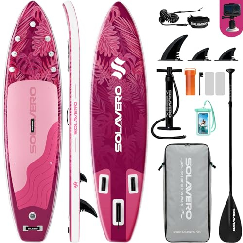 SOLAVERO Tavola da Sup Gonfiabile, 323 cm Tavola da Paddle con Antiscivolo EVA, Pagaia Regolabile, 3 Pinne, Surf Gonfiabile per Tutti i Livelli di Abilità, Fino a 200kg, Rosa
