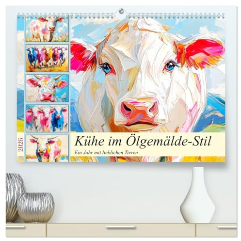Kühe im Ölgemälde-Stil. Ein Jahr mit lieblichen Tieren (hochwertiger Premium Wandkalender 2026 DIN A2 quer), Kunstdruck in Hochglanz: Die charmanten Weidebewohner in tollen Farben (CALVENDO Tiere)