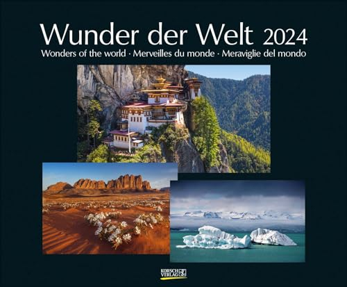 Wunder der Welt 2024: Großer Wandkalender über die Landschaft und Wahrzeichen der Erde. PhotoArt Kalender mit edlem schwarzem Hintergrund. 55 x 45,5 cm
