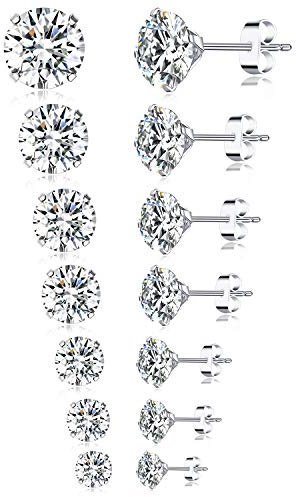 Tornito 7 Pairs 20G Stainless Steel Stud Earrings Round Cubic Zirconia Barbell Earring Set For Men Women 2MM-8MM Silver Tone