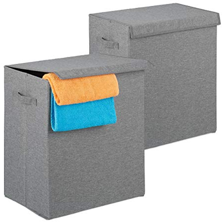 Relaxdays Wäschekorb 2er Set, Faltbare Wäschesammler mit Deckel, tragbar, Wäschetruhe 61 L, 50,5 x 45 x 30,5 cm, grau