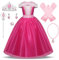 New front Fille La Belle au Bois Dormant Robe de Princesse Aurore Accessoires Baguette Couronne Bague Collier Déguisement Tulle Maxi Noël Carnaval Halloween Cosplay Robe de Soirée, Rose, 150