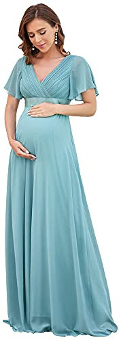 Ever-Pretty Robe en Maternité de Soirée Longue Femme Mousseline Classique Grossesse Enceinte Double V-col Manches Courtes Bleu Fumé 54