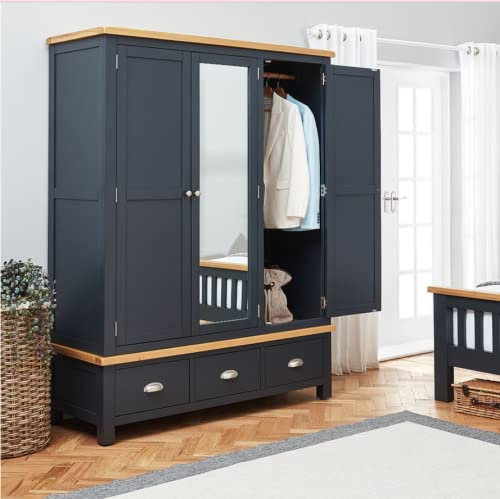 The Furniture Market Cotswold Charcoal Grey Painted Triple 3 Door Wardrobe with Mirror - Freestanding, Natural Oak Top, Hanging Rail, Clothes Storage, Bedroom, Guest Room - H 1910 x W 1460 x D 570mm