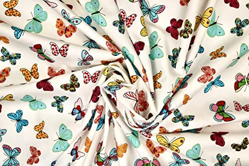 Pyrhan 100% Cotton Poplin by Rose & Hubble | Colourful Rainbow Butterfly Printed Cotton Fabric by The Metre UK | 114 Cm | Crafting & Dressmaking Fabric | Dress Fabric Material for Sewing (White)