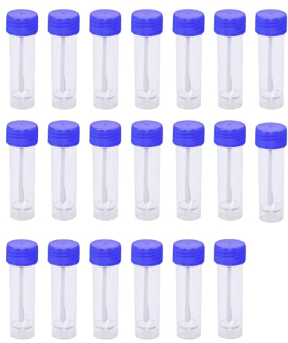 Urine Specimen Cups with Lids- 20 Pcs 25-30ml Stool Containers Sample Bottles for Urine Test & Collection, Plastic Urine Cups Specimen Tubes with Spoon Lid for Laboratory Medical Use School