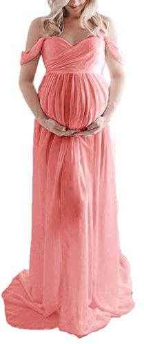 Mutterschaft Kleid für Fotografie solide Farbe Off-Shoulder Chiffon Kleid Front Split Lange Schwangerschaft Kleider für Fotoshooting (Dark Pink, Small)