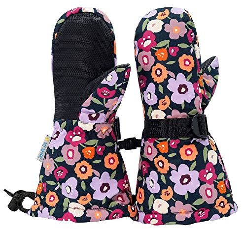 Jan & Jul Wasserdichte Schneefäustlinge für Kleinkinder Mädchen, isoliert (Winterblumen, S: 2-4 Jahre)