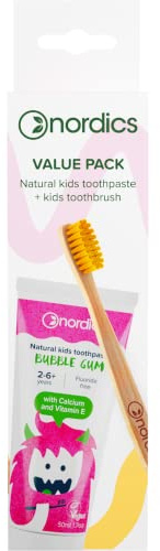 Zahnpasta Kids Bubble Gum + Öko Zahnbürste Kids Bambus gelbe Borsten Spar-Pack