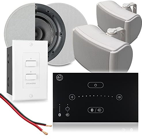 Power Dynamics Systemline E50 Bluetooth Kitchen Ceiling Speakers & Outdoor Patio Speaker System - Amplifier, Wall Selector Switch, Home Audio System Kit