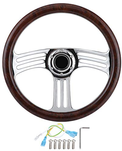 KIMISS 350 Mm/14 Zoll Lenkrad Holz, 3-Speichen-Lenkrad, Vintage-Stil, Sportlenkrad, Dunkler Holzgriff, 6-Loch-Chrom