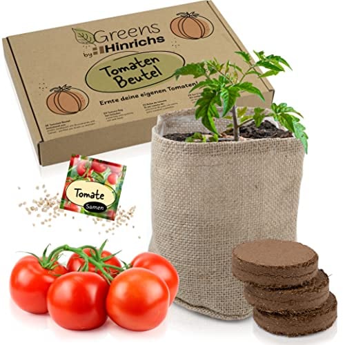 Hinrichs Greens Tomaten Anzuchtset - Tomatenanzuchtsset inkl. Samen und Aufzuchterde - Natürlicher Jutebeutel für Tomatenpflanzen - Küche Geschenk Garten Kinder - Anzucht Set Tomate