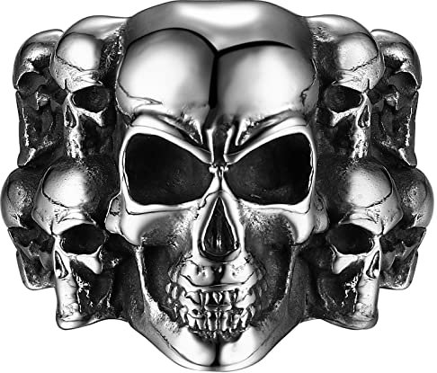 JewelryWe Schmuck Herren-Ring Gotik Punk Totenkopf Schädel Haufen Ring Edelstahl Band Bandring mit Gravur, Silber Größe 70