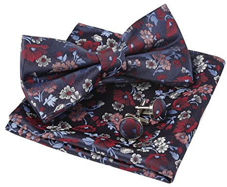 Alizeal Herren Paisley Fliege, Einstecktuch und Manschettenknöpfe Set, 006-Marine+Rot, Einheitsgröße