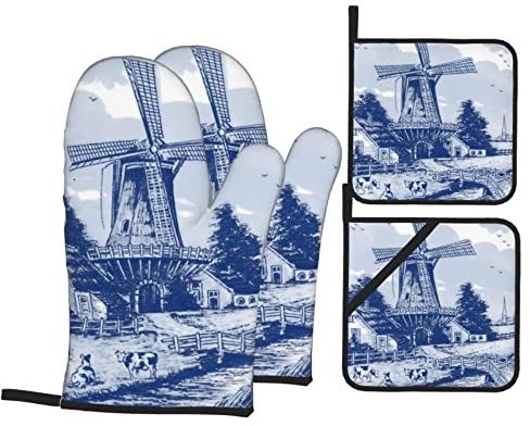 4 Stück Handschuh Set Nederland Niedliche Vintage Holländische Windmühle Delfter Blau Küchenhandschuhe Waschbar Kochhandschuhe Anti-Rutsch Topflappen Für Die Küche, Kochen, Backen