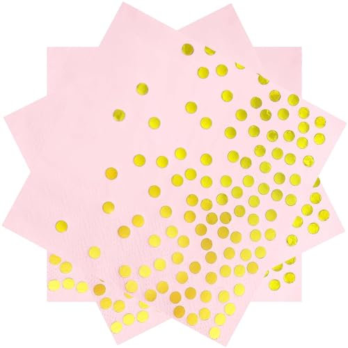 Lot de 100 serviettes de fête jetables en papier rose et doré de 33 x 33 cm pour cocktail, bar pour anniversaire, dîner, anniversaire de mariage, fête de mariage