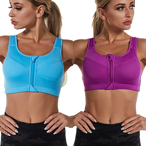 Jamron Donna Taglia Grossa Set di 2 Reggiseni Sportivi Alto Impatto - Cerniera Frontale Reggiseno Senza Ferretto con Imbottito Removibile per Yoga Fitness Jogging