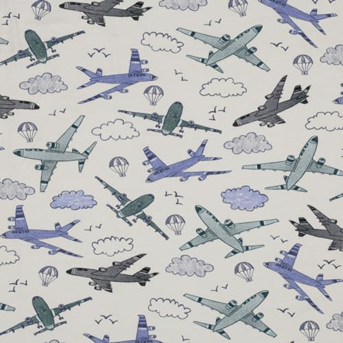 VmG-Store 1m Jerseystoff zum Nähen Baumwolljersey Nähstoff KEINE Meterware Kinderstoff (Flugzeuge Ecru JB009)