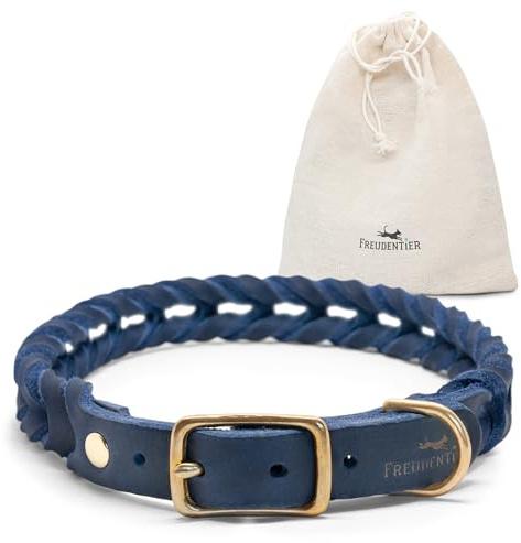 FREUDENTIER Hundehalsband Geflochten aus Fettleder - 50-56cm, Royal Blue | Handmade Lederhalsband in Messing-Optik, 2cm Breite für kleine & mittelgroße Hunde, inkl. edlem Leinensäckchen