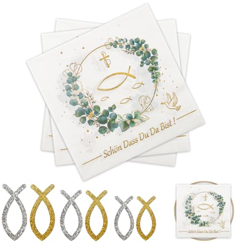 FAINCA Servietten Taufe, 16.5x16.5CM Servietten Eukalyptus, Servietten Eukalyptus Grün, Servietten Kommunion, Mit 60 Stück Holz Fischdekoration Servietten, für Kommunion