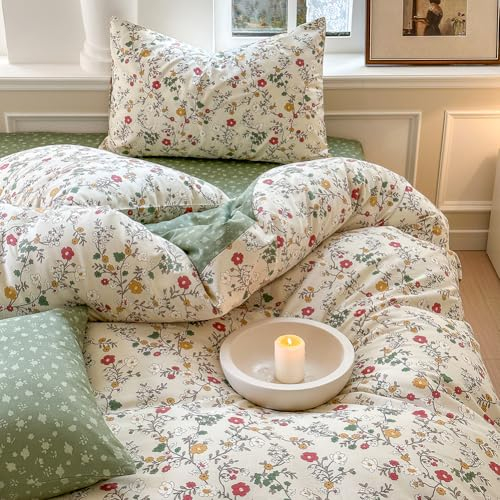 Nayoroom Bettwäsche 135x200 Baumwolle Grün Beige Blumen Blätter Muster Wendebettwäsche Set Bunt Floral Pflanzen Aesthetic Bettbezug und 1 Kissenbezug 80x80 cm mit Reißverschluss
