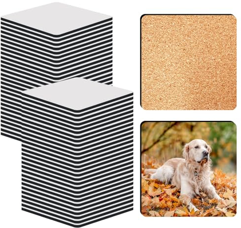 Quadratische Sublimationsuntersetzer, blanko, MDF, Sublimationsdruck, Rohlinge mit Korkrückseite, Hartfaserplatte, Kork-Untersetzer, blanko, MDF, Sublimations-Kork-Untersetzer, 9,5 x 9,5 cm, 48 Stück