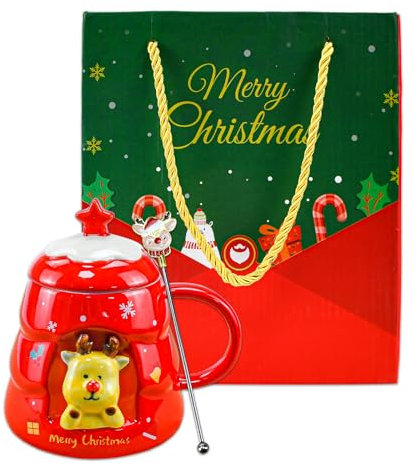 CAREDGO Taza de Café Navideña, Taza de Café de Cerámica con Tapa y Agitador Taza Navideña Grande de 450 ml para Microondas Taza de Navidad 3d en Forma de Árbol y con Figurita de Reno, Roja