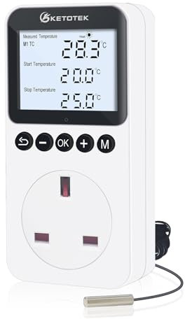 KETOTEK Digital Thermostat Plug Socket with Backlight, Day and Night Temperature Controller with 3m NTC Sensor Probe, Thermostatic Plug 220V for Reptile Terrarium Greenhouse