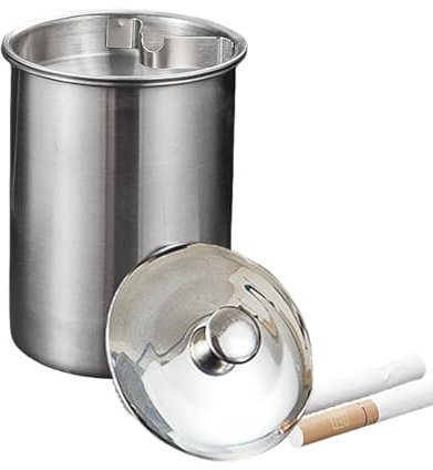 Ashtray with Lid, Stainless steel Ashtray Windproof Cigarette Ash Tray for Outdoor Indoor, Metal Ash Holder with Lid Smell Proof for Garden Bar Balcony Home Office Decoration (Silver)