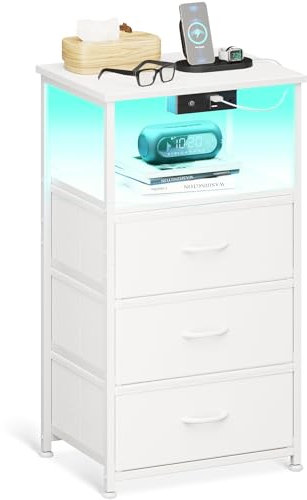 Coleshome Nachttisch Weiß, Nachttisch mit Steckdose und 2 USB und LED-Leuchtbänder, mit 3 Stoffschubladen und 1 Speicherplatz, Geeignet für Kleine Schlafzimmer, 40 * 30 * 70cm, Packung mit 1