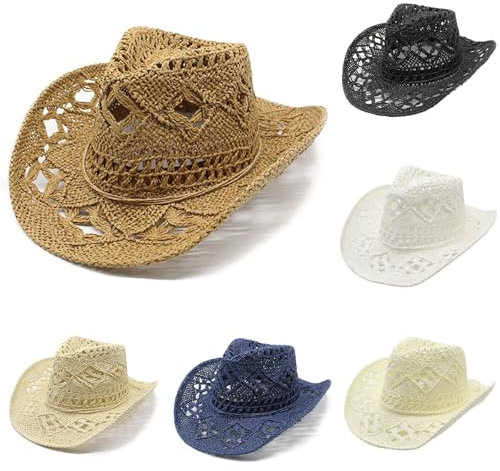 Chapeau de Cowboy Western pour Femme et Homme - Été Shapeable Paille Creusé Soleil Casquette pour Voyage Plage Extérieur Pêche