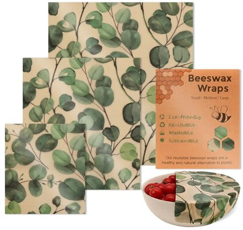 Conservación sostenible de alimentos con 3 envolturas de tela de cera de abeja naturales, lavables y reutilizables, suministros de cocina portátiles