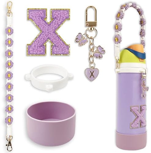 Silicone Boot Cute Monogram Set Compatible with Owala Water Bottle 32 oz - Perfect Letter Owala Accessories for Owala Tumbler, Owala Free Sip, Pink Owala, Black Owala, owala coffee tumbler (Purple, X)