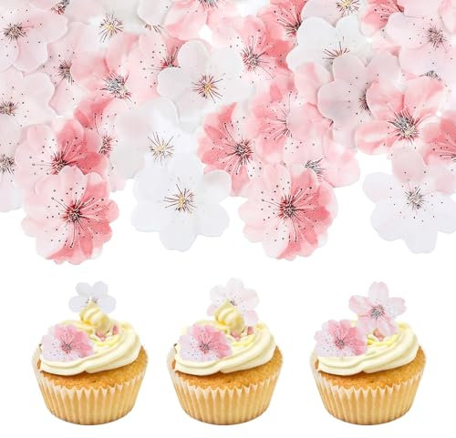 50 Pcs Cherry Blossoms Cupcake Toppers flores Para Decorar Pasteles Flowers Cake Decorations Wafer Paper Flowers Cupcake Topper for Baby Shower Kids Birthday Wedding Party Decorations Supplies Pink
