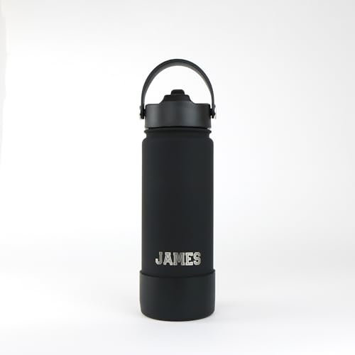 cribstar Personalised Insulated Straw Water Bottle | Stainless Steel | Laser Engraved | 12 Hours Hot & 24 Hours Cold | Vaccum Flask | Straw Lid | BPA Free (Double Black - 18oz/500ml)