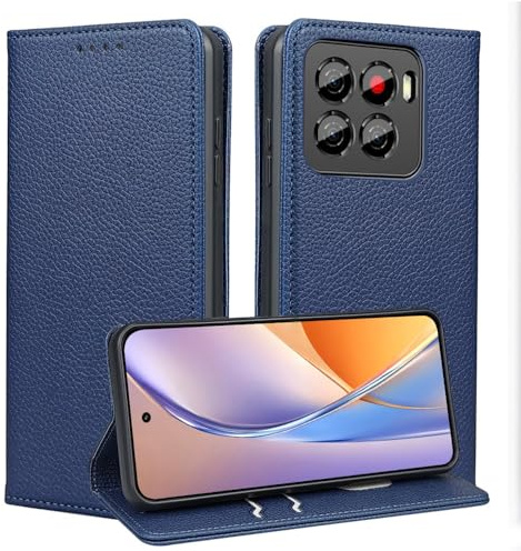 JNERBUYI Lederhülle für ZTE Blade A56 4G, PU Hülle mit Litschi Textur hat RFID Blockierung, Stoßfest Case mit Starkem Magnetverschluss. Dunkelblau