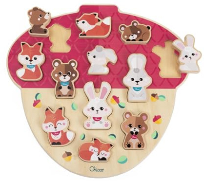 Chicco Sammelset mit 12 Holzfiguren, Montessori-Spiel, 3 Tierfamilien, kompatibel mit den My Wood Friends-Spielsets, Geschichten erfinden, Spielzeug für Mädchen und Jungen ab 2 Jahren, Geschenkidee