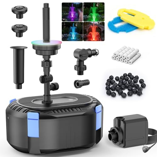 Hitauing All-in-One Tteichpumpe 3000 L/H 40W mit automatischer bunter LED, Teichpumpe für Außen mit 3 Sprühbildern, Springbrunnen-Set mit Wasserpumpe für Garten, Wasserspiele, Vogeltränken