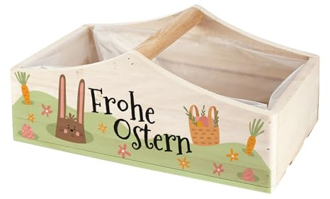Herz & Heim® Oster Pflanzkorb aus Holz „Frohe Ostern“ – Dekorativer Geschenkkorb & Pflanzkiste – Oster Geschenkbox für Blumen & Osterkörbchen – 3 Varianten (1 Griff (29 × 11,5 × 16 cm))