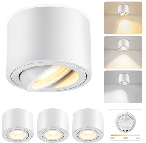 GBLY LED Aufbauspot Dimmbar Weiß Ø80x50mm Extra Flach 30° Schwenkbar 3CCT | 4W Aufbauleuchte 3000K/4000K/6500K Aufputz Deckenleuchte Aluminium LED Aufbaustrahler Rund 4 Stück