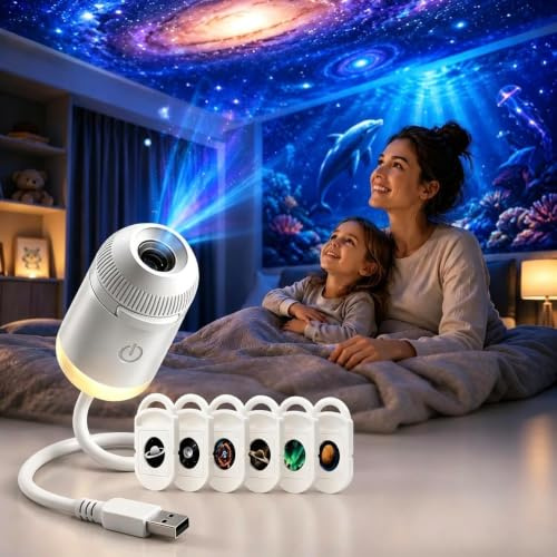 GSenhui Proiettore Galassia Luce Notturna (con 6 Pellicole) | Proiettore di Cielo Stellato per Auto, Decorazione Camera da Letto e Cameretta Bambini, Rotazione a 360°, Alimentazione USB