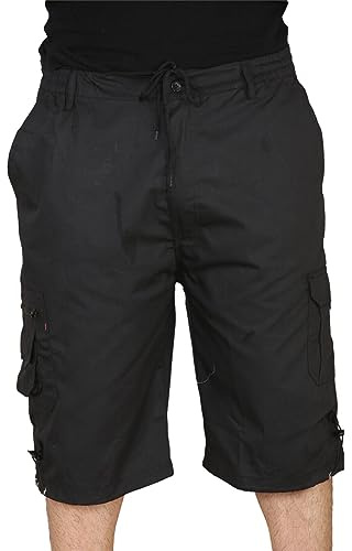 MyShoeStore Men's Three Quarter Length Cargo Shorts with Elasticated Waist, 6 Pockets, Polycotton Twill Fabric, Black, M