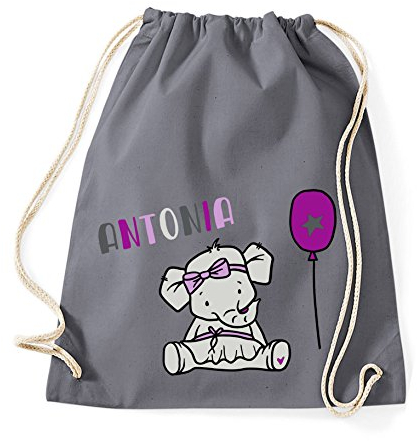 minimutz Turnbeutel Mädchen Elefant - Personalisiert mit Namen - Kinder Stoffbeutel Rucksack zum Zuziehen - Sportbeutel Baumwolle zum Zuziehen - 12L - 37x46cm (grau)