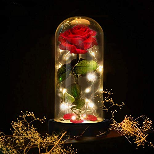 Sunjuly Strahlende Rose, Rosa und LED-Licht, Ewige Rose aus Seide, mit Kuppel aus Glas, elegant, romantisches Geschenk, Heimdekoration, Geburtstag, Valentinstag, Muttertag