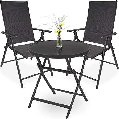 BRUBAKER Riva Set de Conjunto Muebles Jardín 3 Piezas - 1 Mesa de Vidrio Redonda 70 cm Ø - con 2 Sillas de Respaldo Alto - Antracita