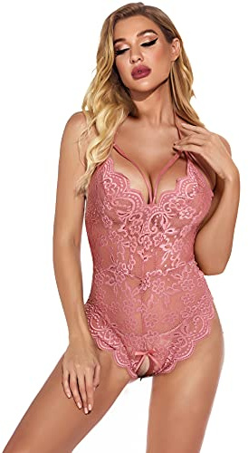 EVELIFE Women's Floral Lace Bodysuit One Piece Teddy Lingerie Transparent Deep V Bodysuit Lingerie(Lotus L)