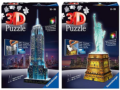 Ravensburger 3D Puzzle Empire State Building bei Nacht, Wahrzeichen von New York im Miniatur-Format & 3D Puzzle Freiheitsstatue bei Nacht, Wahrzeichen von New York im Miniatur-Format