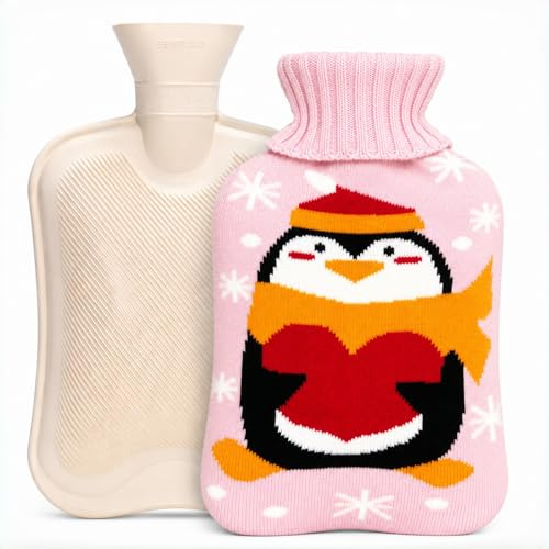 OliviaLiving Hot Water Bag Hot Water Bottle 2 Liter with Knit Cover - Great for Cramps, Pain Relief & Cozy Nights - Water Heating Pad - Feet & Bed Warmer for Adults, Cartoon Penguin